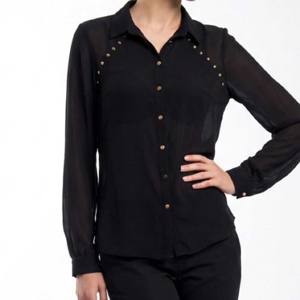 Chloe K Black Translucent Studded Button Down Blouse